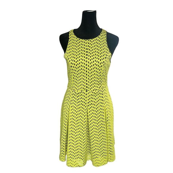 Topshop Lime Greenish‎ Yellow Laser-Cut Skater Dress Size 6 Lined EUC